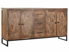 Commode meuble de rangement en métal noir et bois de teck coloris naturel /marron - longueur 175 x hauteur 90 x profondeur 40 cm