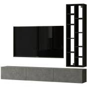 Ensemble meuble TV mural placard et étagères Insimul Effet béton gris et Bois noir - Noir / Gris