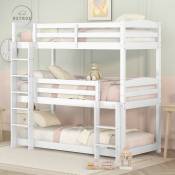 Retrok - Lit superposé enfant 90x200cm - avec couchage triple et sommier à lattes, lit mezzanine enfant, bois massif - blanc