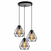 Stoex Lampe Suspension Vintage Cage Design Diamnt Noir, Lustre abat jours ( E27 Edison 3 Têtes ) Style Retro Industrielle pour