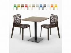 Table carrée 70x70 plateau effet bois avec 2 chaises colorées gruvyer melon
