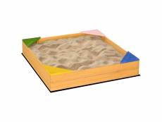 Bac à sable carré en bois pour enfants 4 assises en coin et film protection 109 x 109 x 19,8 cm bois naturel