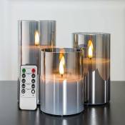 Bougies scintillantes sans flamme en verre gris argenté avec télécommande, paquet de 3 fausses bougies LED réalistes∅ 3 H 4 5 6