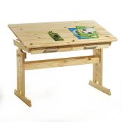 Bureau enfant écolier junior olivia table à dessin réglable en hauteur et pupitre inclinable avec 2 tiroirs en pin massif naturel - Naturel