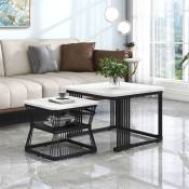 Fortuna Lai - Lot de 2 table basse moderne table carré en pvc imitation marbre blanc pied de noir mat tubes d'acier 65x65x45 cm et 45x45x39,5 cm