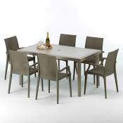 Grand Soleil - Table rectangulaire et 6 chaises Poly rotin resine ensemble bar cafè exterieur 150x90 Beige Marion Chaises Modèle: Bistrot Arm Marron