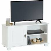 Idimex - Meuble tv belfort banc télé de 94 cm en bois avec 1 porte et 2 niches, en pin massif lasuré blanc - Blanc