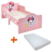 Lit bois + Matelas Minnie Mouse Disney rose et motifs colorés - 140x70 cm