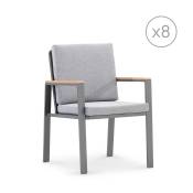Lot 8 chaises alum anthracite avec accoudoirs efect bois avec coussins