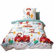 Parure de lit enfant Pompier - 100% coton adouci 57 fils - Dimensions : Longueur 200 cm x Largeur 140 cm. - Multicolore