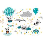 Un lot de Stickers Muraux panda montgolfière nuages,