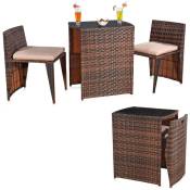 Groupe de meubles de jardin en trois parties, 2 tabouret et une table de polyrotin dans le jeu de canapé marron