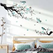 Linghhang - Stickers Muraux Branche de Fleur Autocollant Mural Fleurs Bleues Arbre Oiseaux Décoration Murale Enfants Chambre Salon - color