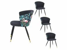 Lot de 4 chaises de salle à manger fauteuil avec dossier assise rembourrée en tissu imprimé stylisé flamant pieds en métal, bleu et or