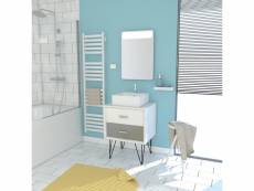 Meuble salle de bain scandinave blanc et gris 60 cm sur pieds avec tiroirs, vasque a poser et miroir