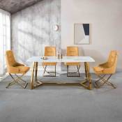 Opera - Table à manger rectangulaire design effet marbre blanc et doré - Blanc