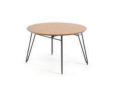 Table à manger ronde extensible coloris naturel en contreplaqué de chêne et pieds en acier noir- diamètre 120-200 x hauteur 75 cm