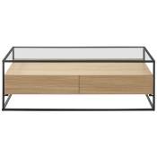 Table basse rectangulaire 2 tiroirs verre trempé, bois clair finition chêne et métal noir finn - Chêne clair