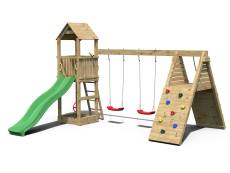 Aire de jeux avec balançoire double et mur d'escalade en bois marron