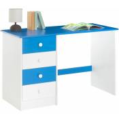 Bureau arne pour enfant ou adulte multi rangements, avec 4 tiroirs, en pin massif lasuré blanc et bleu - Blanc/Bleu
