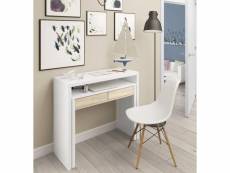 Bureau console extensible avec deux tiroirs, couleur chêne et blanc, dimensions 98 x 87 x 36 cm (extensible jusqu'à 66 cm) 8052773794268