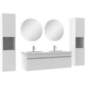 Ensemble meubles Salle de Bain double vasque 120cm, colonnex2 et miroir rond Blanc