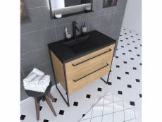 Meuble de salle de bain 80x50cm chêne brun - 2 tiroirs chêne brun- vasque résine noire effet pierre