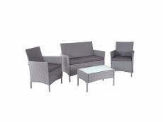 Salon de jardin avec fauteuils banc et table en poly-rotin gris et coussin anthracite mdj04147