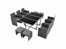 Salon de jardin design 10 places ensemble table 6 fauteuils 4 tabourets set de meubles extérieurs acier polyrotin polyester gris foncé avec coussins g