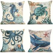 Aiducho - Set Of 4 Throw Cushion Cover Pillow Cases Decorative Polyester Linen Square Single-Sided Printing Pillow Coversturtle/Sea