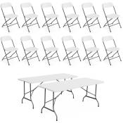 Lot de 2 tables de réception pliables en plastique blanc 180cm + 12 chaises d'appoint. table de camping - Blanc