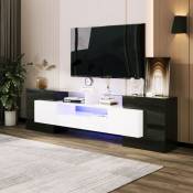 Meuble tv élégant, panneau bas. Meuble de salon à éclairage led blanc et noir brillant de 200 cm. Design moderne. Surface en verre élégante