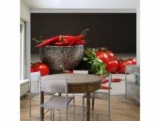 Papier peint intissé motifs de cuisine tomates et piments rouges taille 200 x 154 cm PD14218-200-154
