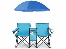 Costway chaise de camping pliante, fauteuil de jardin 2 places avec glacière, porte-gobelet, parasol, sac,152x52x85cm, charge max 113 kg, pour randonn