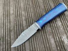 Couteau de chasse avec lame damas de 8,3 cm bleu