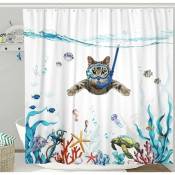 Ensemble de rideaux de douche chat drôle bleu sarcelle mer océan rideaux de douche en tissu imperméable avec animal pieuvre étoile de mer tortue