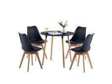 Ensemble table et chaises - table ronde de cuisine avec pieds en bois et 4 chaises scandinaves noires, dimensions 54*54*82cm