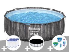 Kit piscine tubulaire ronde Bestway Steel Pro Max décor bois 3,66 x 1,00 m + 6 cartouches de filtration + Kit de traitement au chlore + Bâche de prote