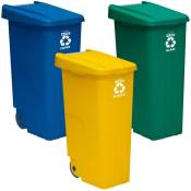 Pack de recyclage Wellhome Container i Recycle 110 litres fermé chacun : 330 litres au total, dans 3 conteneurs, dans les couleurs bleu / vert / jaune