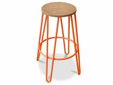 Tabouret rond - design industriel - bois & métal - 74cm - hairpin orange