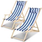Chaise longue pivotante pliante Chaise longue de plage Chaise longue de balcon Chaise en bois Bleu blanc Avec mains courantes 2 pièces - bleu blanc