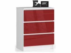 Commode akord k60 blanche 60 cm 3 tiroirs façade rouge brillante 60x40x77 cm meuble de rangement commode de chambre pour le salon couloir bureau dress
