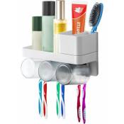 Porte-brosse à dents mural, porte-brosse à dents de salle de bain avec 1 bote de rangement à 2 emplacements et 3 tasses, blanc