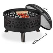 Relaxdays - Braséro avec grille de barbecue, pare-étincelles et tisonnier, pour le jardin, ø 60 cm, acier, bronze