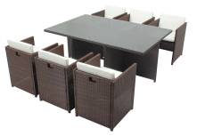 Table et chaises 6 places encastrables résine marron/blanc