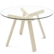 Table repas 5 couverts peeno 120 cm pieds bois plateau rond verre trempé - transparent