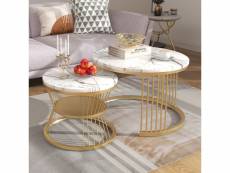 Tables basses gigognes, style scandinave, placage de marbre, blanc
