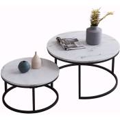 Lot de 2 Table basse ronde gigogne moderne - Cadre en métal, panneau à motif marbré - Grande table : 80 x 45 cm, Petite table : 60 x 33 cm - Noir