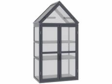 Mini serre de jardin en polycarbonate cadre en bois 3 niveaux dim. 70,5l x 42l x 132h cm double porte aérations réglables gris