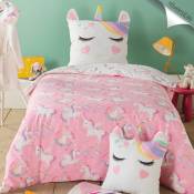 Parure de lit réversible licorne - Rose - 140 x 200